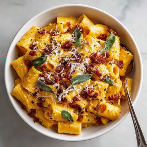 A bowl of pasta with cheese and bacon.