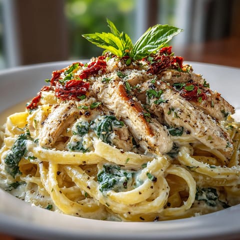 A plate of pasta with chicken and vegetables.