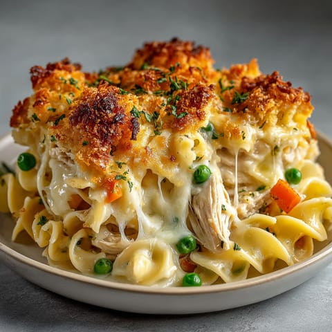A delicious chicken pot pie noodle bake.