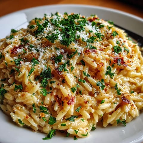 A plate of pasta with cheese and herbs.