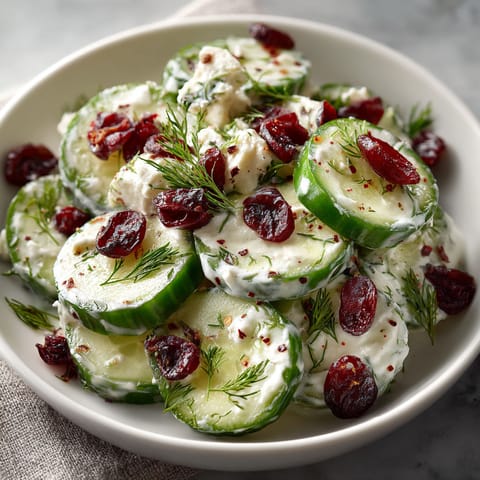 A white bowl filled with cucumber slices and cranberries.