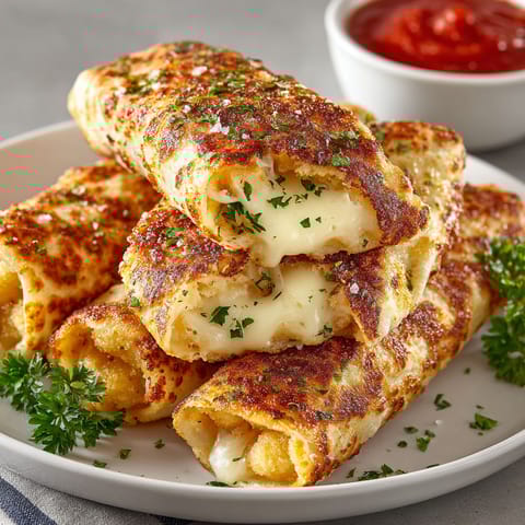 Mozzarella sticks wrapped in dough and fried in an air fryer.