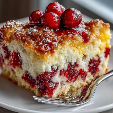 Close-up of Five-Ingredient Cranberry Orange Dump Cake served warm with melting vanilla ice cream.