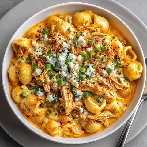 Hearty bowl of slow cooker buffalo chicken mac and cheese topped with green onions.