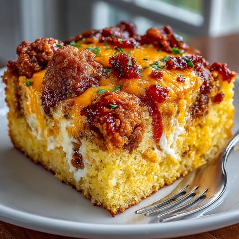 Closeup of Nashville Hot Honey Cornbread Casserole showing moist cornbread topped with crispy, fiery chicken pieces.