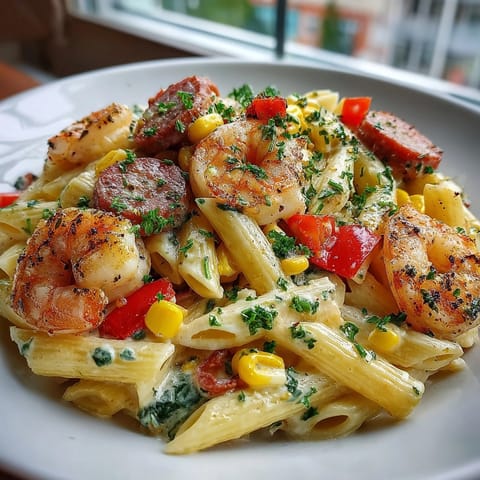 A bowl of Cajun Seafood Boil Pasta featuring shrimp, crab, sausage, and sweet corn.