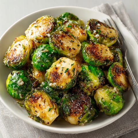 Crispy roasted Maple Dijon Glazed Brussels Sprouts tossed in sweet-tangy sauce on a rustic platter.