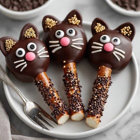 Delicious, festive Black Cat Pretzel Rods, a fun &amp; simple dessert, ready for spooky season.