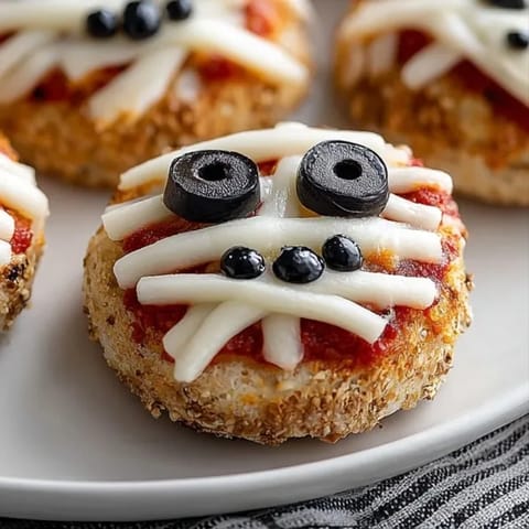 Easy Mummy Pizza Bagel Bites recipe: melty cheese and olive eyes on crusty bagels.