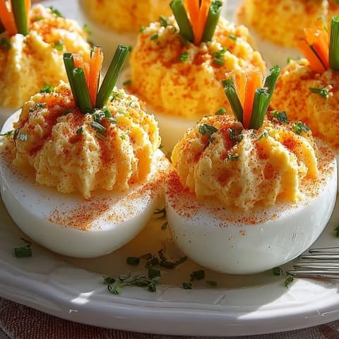 Close-up of vibrant Jack-o'-Lantern Deviled Eggs, chive stems creating charming pumpkin details.
