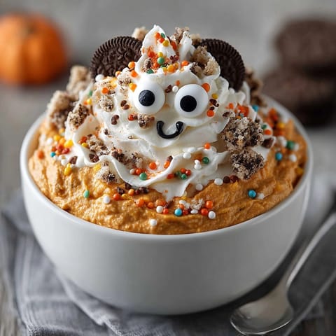 Festive Fluffy Pumpkin Spice &ldquo;Monster&rdquo; Dip bowl with candy eyes and colorful sprinkles.