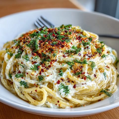 A swirl of spiced butter glistens on this Turkish Garlic Yogurt Pasta, garnished with herbs.