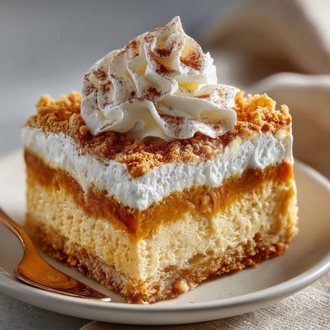 Warm, spiced Pumpkin Pie Magic Cake fresh from the oven, slightly jiggly.