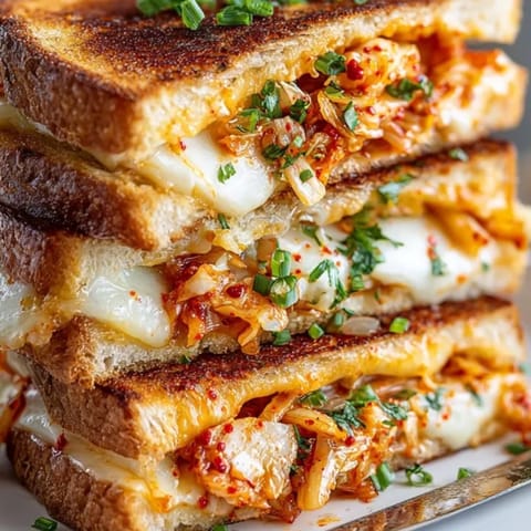 Melting kimchi grilled cheese sandwich, oozing with cheddar and mozzarella, ready to eat.