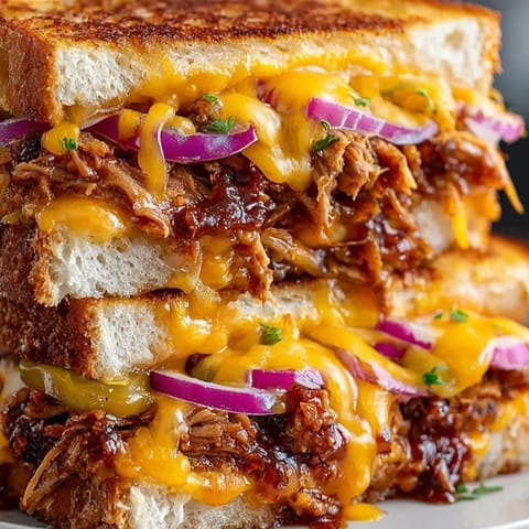 Golden, buttery BBQ Pulled Pork Grilled Cheese ready to eat, chips and pickles aside.