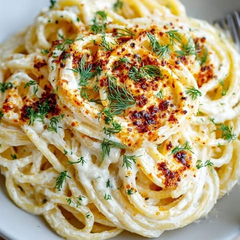 Turkish Yogurt Pasta: Golden noodles coated in garlic yogurt sauce splashed with paprika butter.