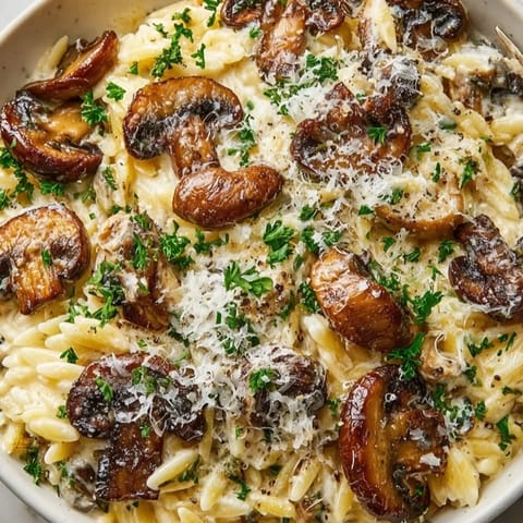Savor a Creamy Mushroom Orzo Skillet; imagine a rich, savory, vegetarian weeknight dinner.