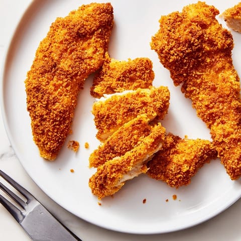 Oven-baked Pickle-Brined Chicken Tenders: juicy, tangy, perfectly coated, ready for dipping.