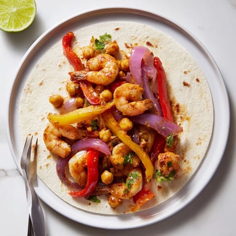 Close-up of Shrimp &amp; Chickpea Sheet Pan Fajitas, roasted and colorful with lime.