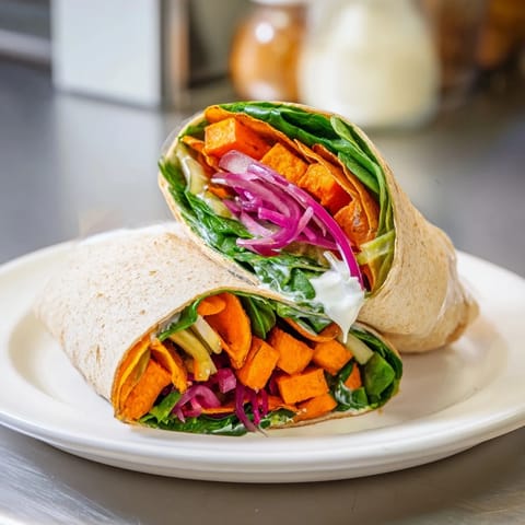 Vibrant sweet potato and pickle chip wraps, bursting with flavor and crunch.  