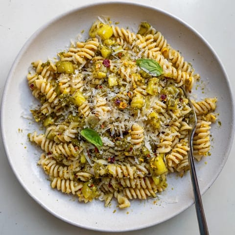 Tangy Lemon Basil Pickle Pasta in a creamy garlic sauce for weeknight dinner delight.  