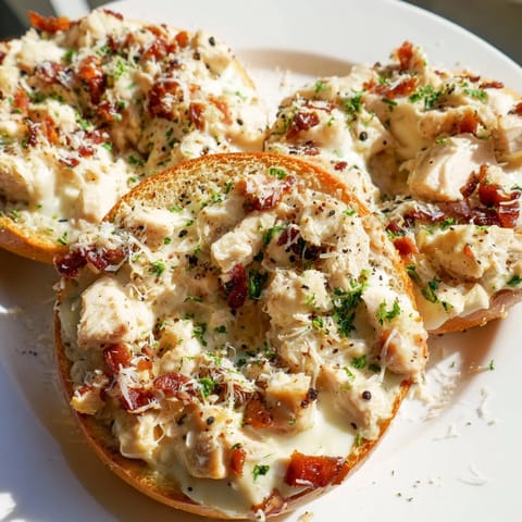 Enjoy golden bagel halves loaded with creamy Alfredo sauce and tender chicken strips.  