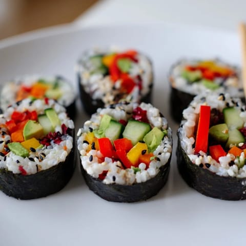 Colorful bite-sized sushi rolls showcasing bell peppers and pickled ginger for holiday gatherings.  