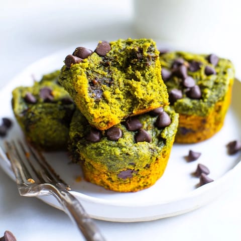 Deliciously vibrant Matcha Pumpkin Chocolate Muffin Bites perfect for snacking any time.  