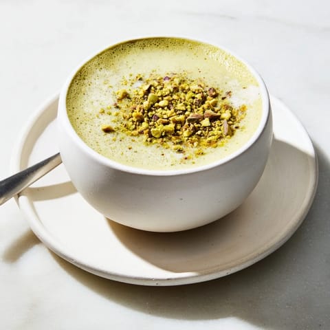 Homemade pistachio milk latte served hot, enhancing your coffee experience.  