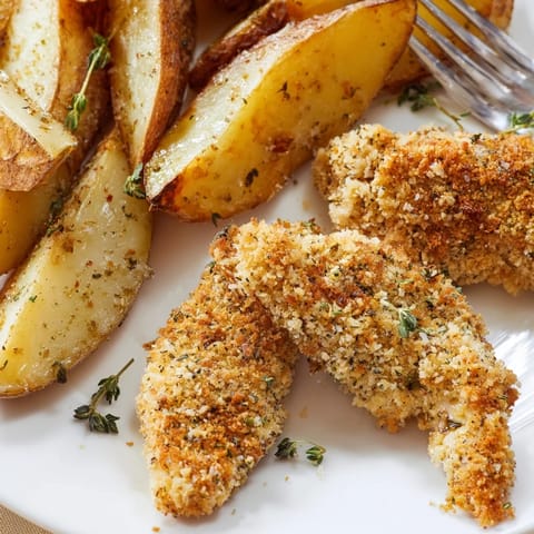 Crispy potato wedges alongside flavorful herbed chicken tenders, perfect for any meal.  