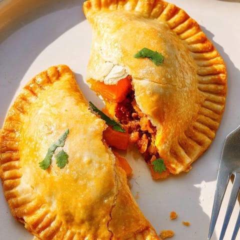 Delicious Spiced Pumpkin & Chorizo Empanadas served warm, perfect for festive gatherings.  