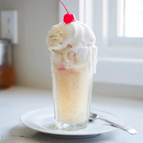 A tall glass showing a Homemade Cream Soda Float, vanilla ice cream melting into the pink soda.