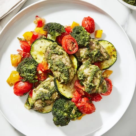 Golden-brown lemon pesto chicken resting alongside colorful roasted vegetables, ready to serve immediately.