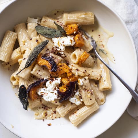Golden roasted Sweet Potato, Goat Cheese &amp; Sage Pasta: a cozy vegetarian weeknight dinner.