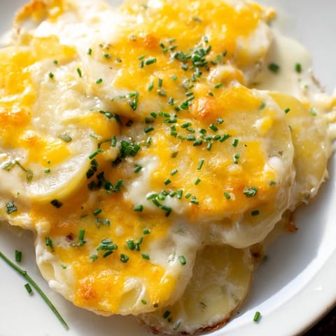 Melting cheddar coats layers of tender potatoes in this Cheesy Scalloped Potatoes recipe; perfect family meal.