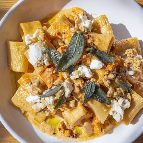 This Viral Sweet Potato Goat Cheese Sage pasta features perfectly caramelized sweet potatoes and crispy sage.