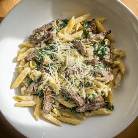 Golden-brown mozzarella blankets a rich Steak & Spinach Artichoke Pasta Bake, a comforting Italian-American dish.