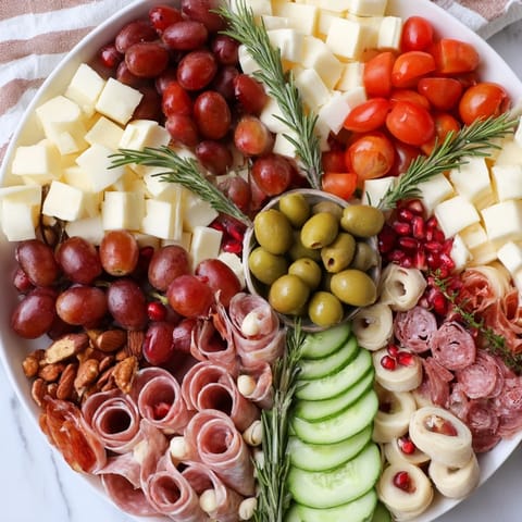 Festive Quick Christmas Charcuterie Wreath Board featuring colorful grapes, cheese, and rosemary sprigs for the holidays.