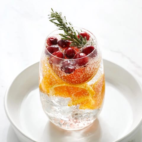 Refreshing holiday snow globe mocktail featuring sparkling cranberry juice and floating, frosty cranberries.