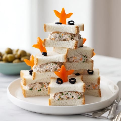 Tender, bite-sized mini starfish sandwiches, featuring tuna salad filling, perfect for a kids' party.