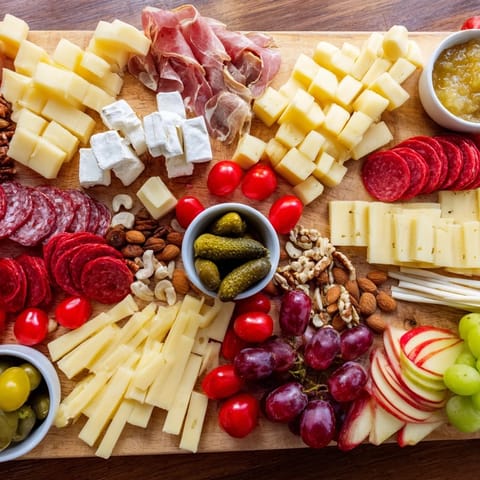 A beautifully arranged Cheval Heureux snack board overflowing with cheeses, meats, and fresh fruit, ready to eat.