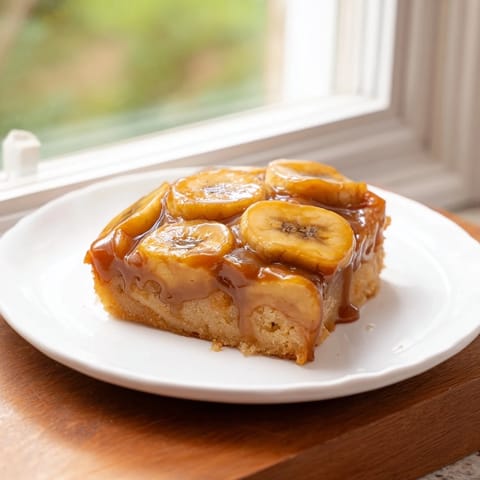 Golden-brown banana bread cake, featuring a caramelized banana topping, ready to be served.