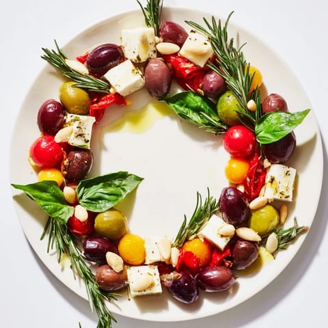 Appetizing Olive and Cherry Tomato Garland Board: a Mediterranean appetizer bursting with fresh flavors and color.