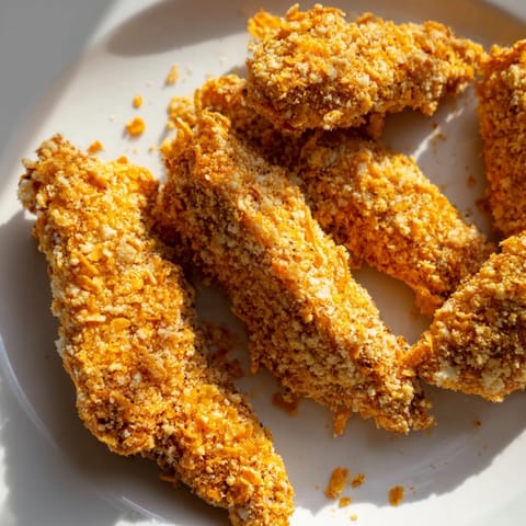 Golden-baked crispy onion chip chicken tenders, ready to serve with ranch dressing on a plate.