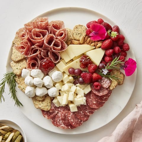 Heart-shaped charcuterie board: A beautiful arrangement of meats, cheeses, and fruits for a special gathering, served appetizers.
