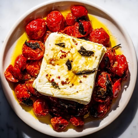 A close-up of baked feta 2.0 sizzling in the baking dish, with a drizzle of honey visible.