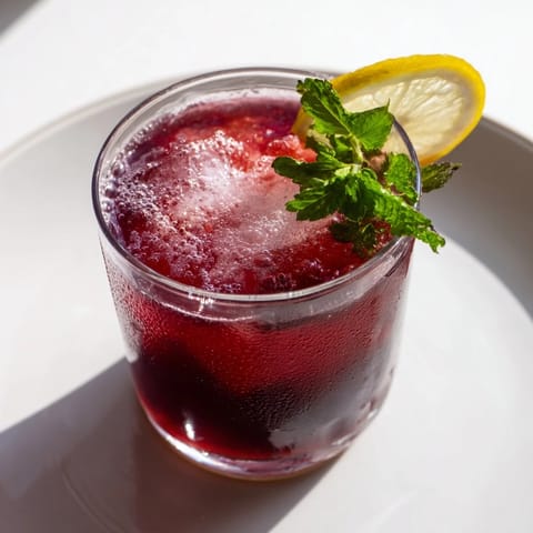 Cool glass of Sleepy Girl Cherry Mocktail with sparkling bubbles and a lemon wheel garnish.