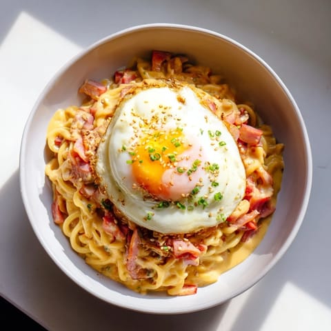 Creamy, cheesy Instant Cheese Ramen with melted cheddar and a swirl of rich golden yolk.
