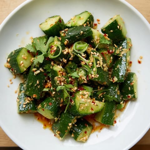Close-up of the Chinese Spicy Smashed Cucumber Salad, showing glistening cucumbers coated in the flavorful dressing with sesame seeds.