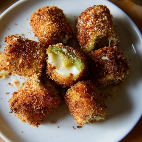 Close-up of freshly fried Crispy Chickle Bites, showcasing a crispy exterior and melted cheese.